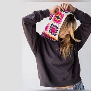 Natural Life Womens Gray Granny Square Crochet Hooded Cropped Sweatshirt L/XL